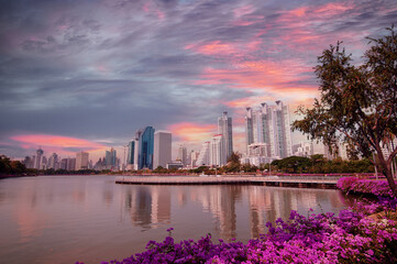 Wall Mural - Bangkok. View from Benjakiti park on the city towers.