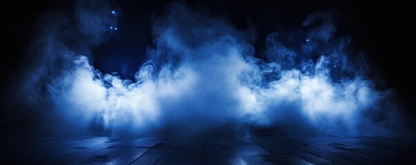 Wall Mural - Blue stage background, blue spotlight light effects, dark atmosphere, smoke and mist, simple stage background, stage lighting, spotlights