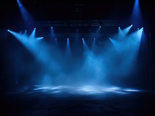 Wall Mural - Blue stage background, blue spotlight light effects, dark atmosphere, smoke and mist, simple stage background, stage lighting, spotlights