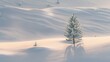 Lone pine, snow field, close-up, low angle, minimalist winter forest, pale dawn light 