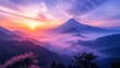 A sunrise gradient blending from fiery tangerine to cool lavender  casting its long  vibrant hue over a misty mountain silhouette.