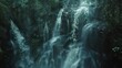 Cascading waterfall, blurred motion, close-up, eye-level, hidden rainforest gem, misty air
