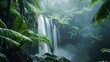 Cascading waterfall, blurred motion, close-up, eye-level, hidden rainforest gem, misty air 