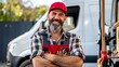 Smiling bearded technician with crossed arms standing in front of a white van