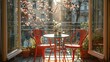 Close-up of a sunny small balcony with two red chairs and a table, a small round red metal garden furniture set. Generative AI.