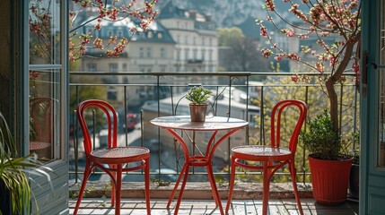 Aufkleber - Close-up of a sunny small balcony with two red chairs and a table, a small round red metal garden furniture set. Generative AI.