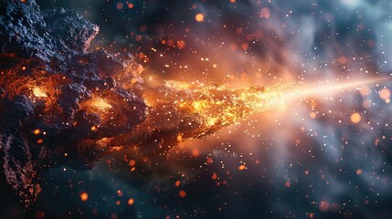 Poster - Space abstract background, burning comet, flash, laser through the stone, bright colors. Generative AI.