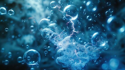 Aufkleber - Thousands fizzy science molecule bubbles with tiny electric lightning in bubbles, warp speed. Generative AI.
