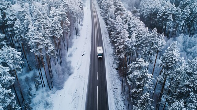 Aerial view of a motorhome driving through a winter landscape with snow-covered coniferous forest