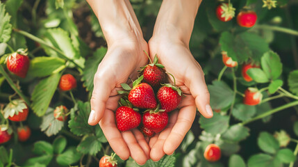 Wall Mural - Fresh strawberries. Hands with ripe delicious strawberries
