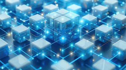 Leinwandbilder - 3D scenes, A blue and white icon with square boxes on the platform, connected by lines to form a Enterprise zone, contains some roads, A cube is placed in front of it. Generative AI.