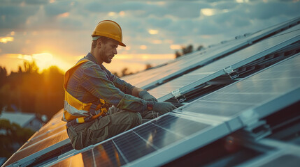 Poster - Single roofing contractor installing new solar panels on a roof. Generative AI.