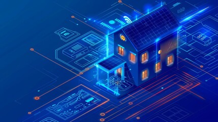 Poster - Modern landing page of house control system with isometric icon of intelligent station with lightning on blue background. Internet of things technology concept.