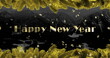 Image of happy new year text over stars and fir tree branches on black background