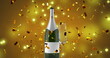 Image of confetti falling over glass and bottle of champagne on yellow background