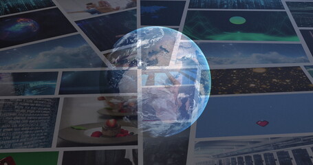 Poster - Image of globe in space over colourful clips playing on composite screens