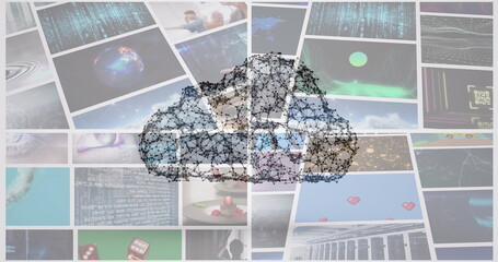 Poster - Image of cloud network over various clips playing on composite screens