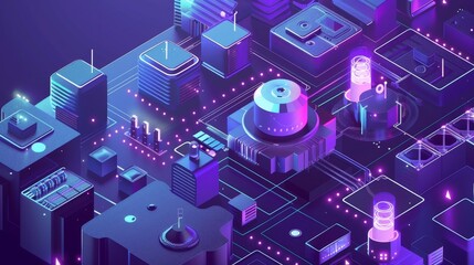 Wall Mural - This page shows a spiraling artificial intelligence isometric landing page, as well as Internet of Things, digital technologies for gadgets and homes, IoT, and robotization in 3D modern format.