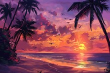 Sunset Painting With Palm Trees And Birds. Tropical Paradise Scenery