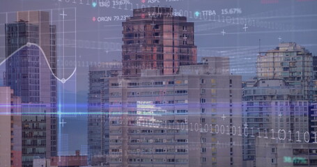 Poster - Image of data processing over cityscape