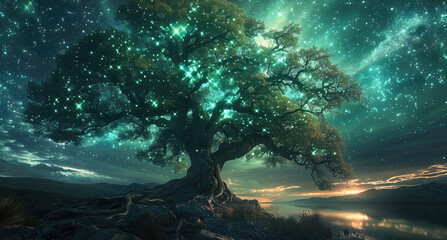 Aufkleber - Glowing Ancient Tree of Life in northern light. Generative AI.