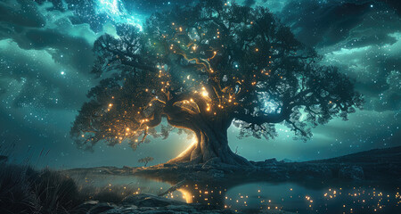 Aufkleber - Glowing Ancient Tree of Life in northern light. Generative AI.