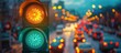 blurred view of city traffic with traffic lights, in the foreground a traffic light with a green light --ar 16:7 --stylize 250 Job ID: 8f38b436-aac3-4760-95f0-94a8bb7b2a12