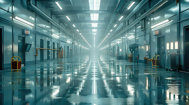 Interior of a futuristic 4.0 factory. Generative AI.