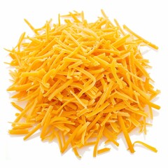 Shredded cheddar cheese, a fluffy pile isolated on a white background, ready for culinary use. 