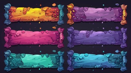 Poster - 2d modern set of game UI scrolls, rocky textured planks, cartoon menu interfaces, settings, options, adventure panels with settings, options, and options.