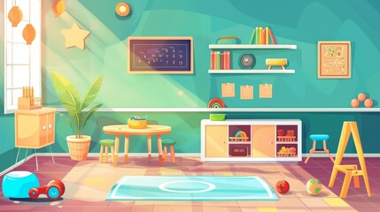 an animated parallax background for a kids playroom with montessori toys, furniture, shelves, and eq