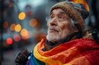 A retired elderly man, proudly supports LGBTQ people with a rainbow flag on his shoulder.