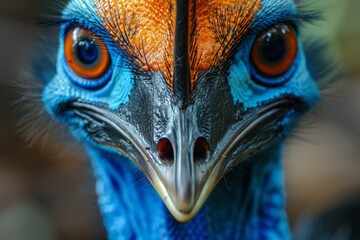 In a vivid and colorful close-up portrait, a wild bird with a striking beak and plumage gazes curiously outdoors.