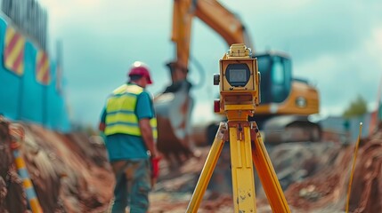 Wall Mural - Heavy industry and security concept on blurred natural background. Civil engineer with theodolite crossing equipment at construction site outdoors. Big excavator in the background