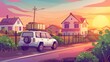The modern cartoon illustration shows a car with luggage on a city street at sunset with a fence and houses in the background.
