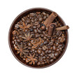 Coffee beans and star anise in a brown bowl on transparent background png macro