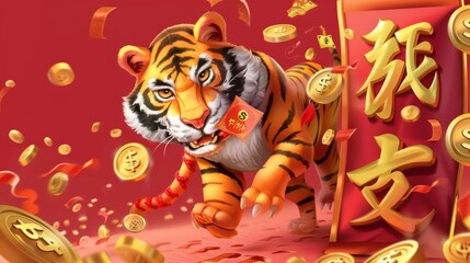 Wall Mural - A red envelope filled with cash and gold coins in the background and a tiger possessing a lot of wealth are the hallmarks of the Chinese New Year greeting card for 2022.