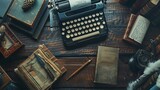 Fototapeta  - Writer table with books, a quill pen, and a vintage typewriter on a wooden desk background.