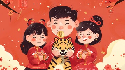 Poster - Hand drawn CNY elements for 2022. Asian family members, a tiger biting a gold coin, and lucky money red envelopes.