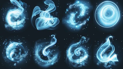 Poster - Wind swirls with sparkles. Modern realistic set of magic spirals and twirls with blue glow.