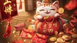 On the left side, you will find a greeting card for the 2022 Tiger Year. It contains red envelopes and a lucky bag filled with coins and gold ingots. Wishing you a very happy and prosperous new year