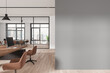 Modern business interior with desk and armchairs in row, window. Mockup wall