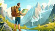 Traveler looking at beautiful mountain landscape, cartoon modern illustration. Tourist hiking, seeking way to destination. Enjoying adventure trip on summer vacation.