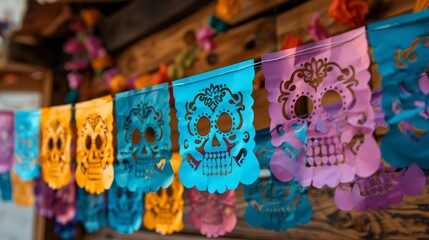 Three-dimensional Multicolor Dia de Los Muertos themed papel picado garland with Mexico symbols