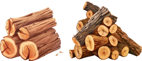 Wall Mural - Stacked firewood, logging tree trunks and pile of wood log, cracked oak or pine lumber