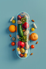 Script of multi-colored fruits, vegetables and nuts inside a capsule on a blue background. Conceptual print for healthy eating, vitamins or fitness.