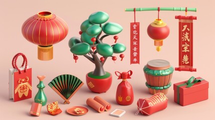 Wall Mural - CNY elements in 3D. Illustration of Spring Festival objects in a set including lantern, drum, fan, tree, red envelope, gift box, and money. Chinese blessing inscription on lucky bag.