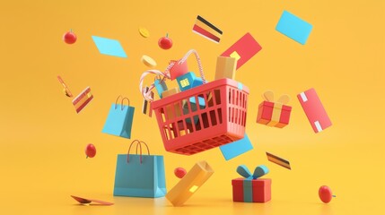 Canvas Print - On a yellow background, there is a 3D illustration of a plastic shopping basket, credit cards, and shopping bags floating in the air.