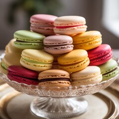 Poster - AI generated illustration of colorful macarons artfully arranged on a table