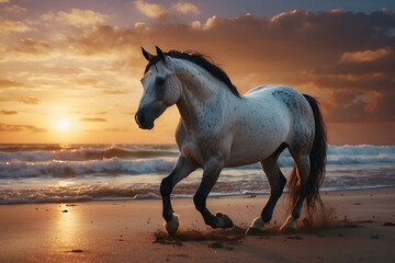 Sticker - AI-generated illustration of A horse gallops on sandy beach at sunset